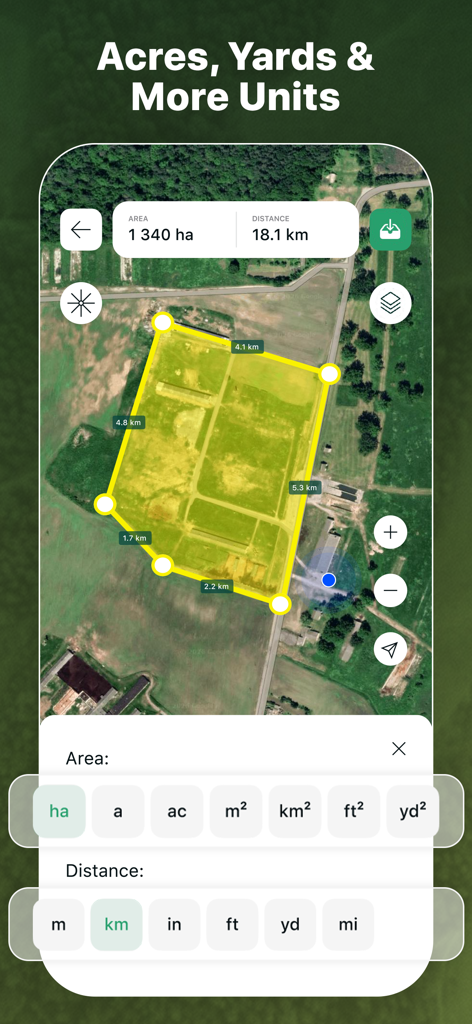GeoMark - GPS Measurement Tool - Pantalla de la aplicación GeoMark que muestra la conversión de unidades de área y distancia para la medición de terrenos en un mapa satelital