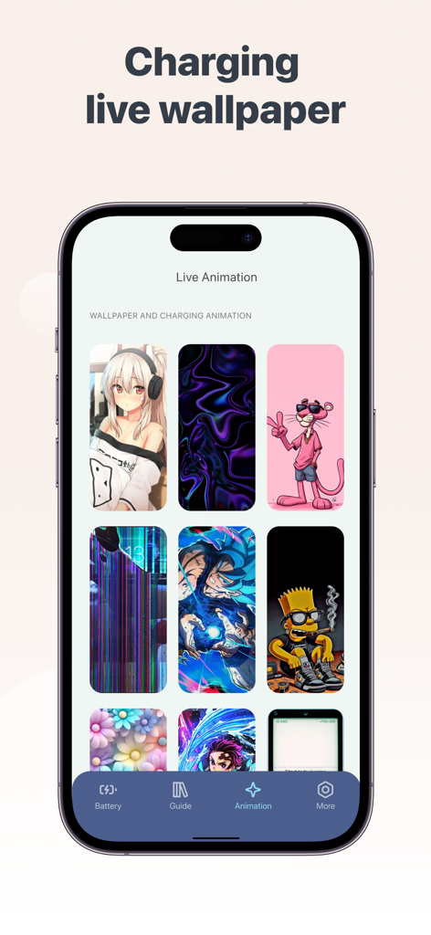 Live Wallpaper: Charging App - Interfaz de una aplicación móvil que muestra una variedad de fondos de pantalla y animaciones de carga animados.
