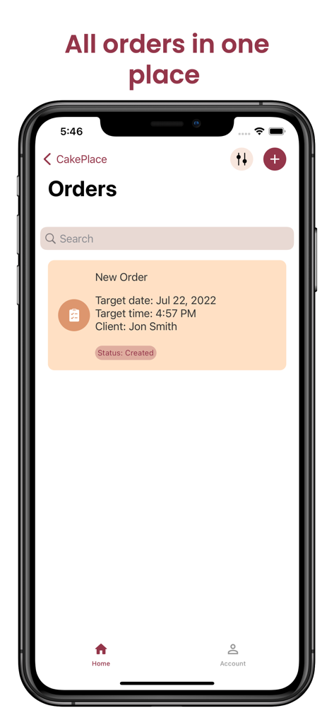CakePlace - The orders management screen of the CakePlace app showing a pending customer order with target date and status