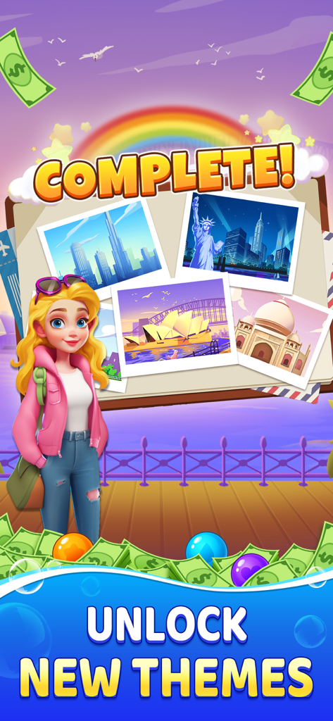 Bubble Clash: Win Real Cash - Bubble Clash game screen featuring a character and world travel landmark photos under a complete message.