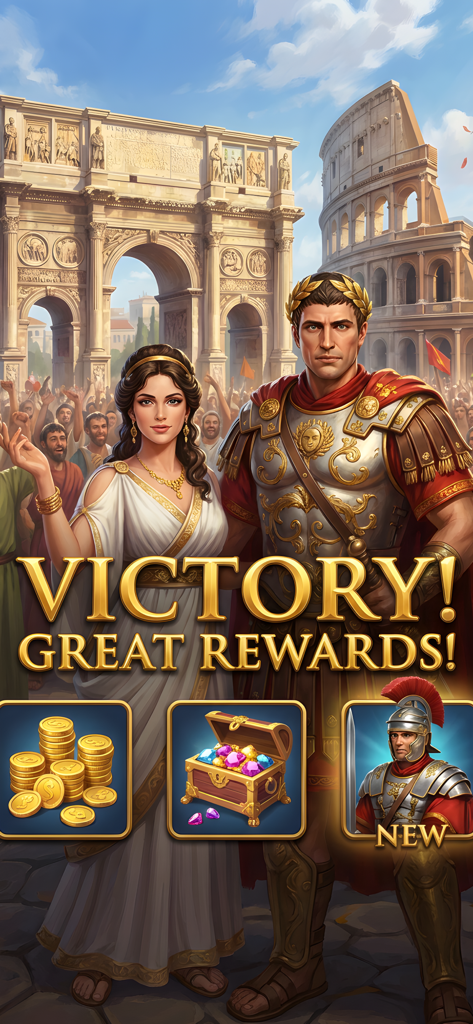 Roman Empire: Strategy Game - Pantalla de victoria mostrando a un general romano y una dama con recompensas que incluyen monedas de oro y gemas