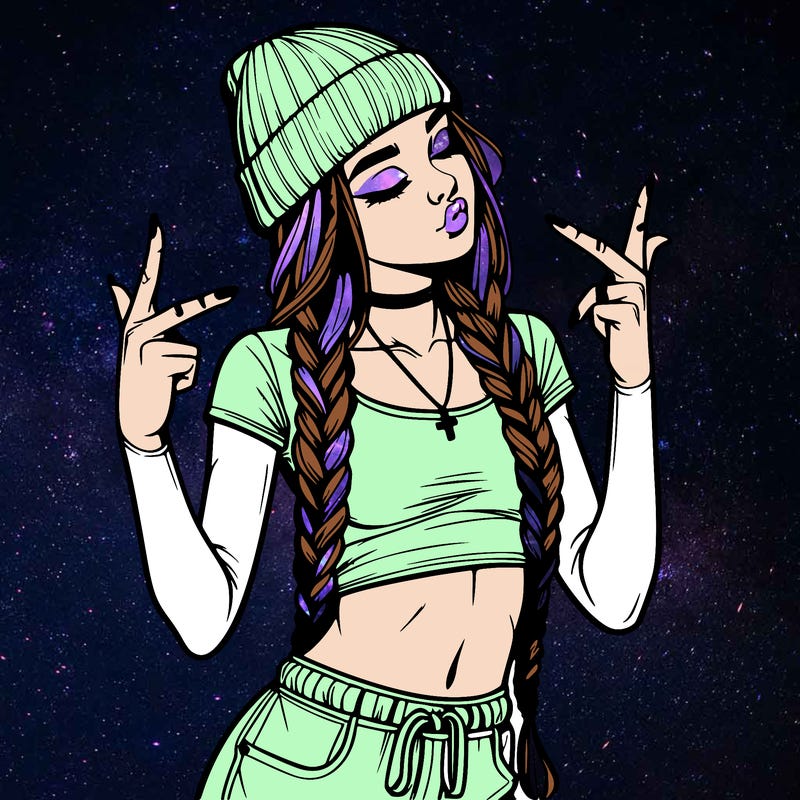 realistic teenage girl with braids and a beanie and crop top doing 🫶🏼