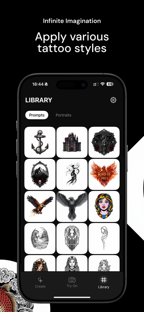 TatGlow: AI Tattoo Generator - TatGlow app library displaying a grid of various AI-generated tattoo designs and styles