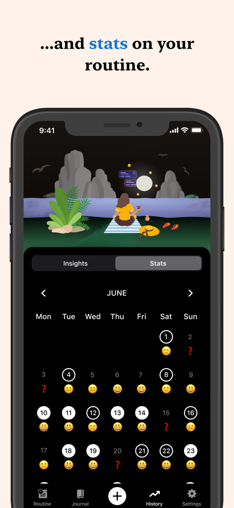 A monthly calendar view in the Tangerine app showing tracked moods with emojis