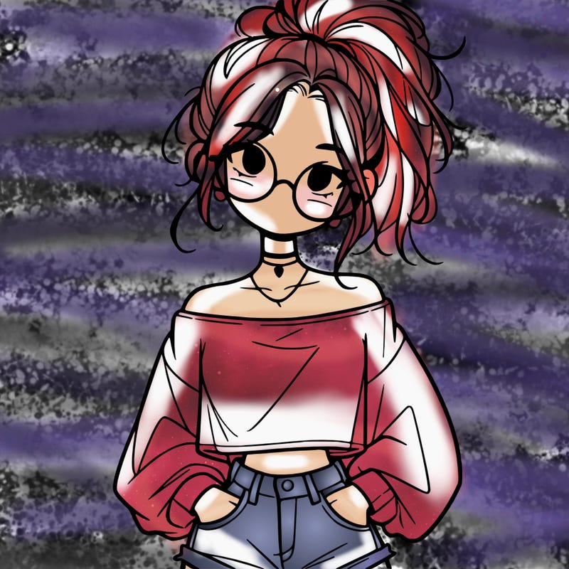 girl with a messy ponytail glasses a baggy crop top and jean shorts