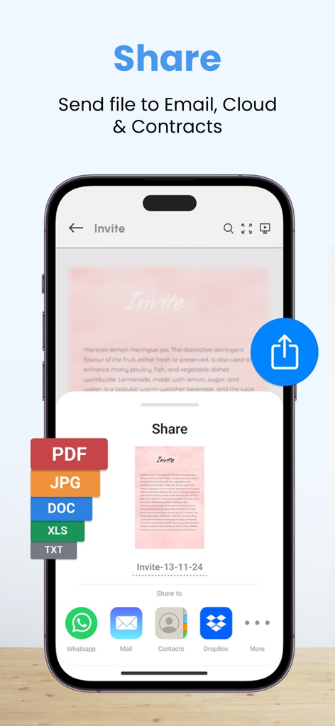 PDFスキャナーアプリの共有メニューを示すスマートフォンの画面で、PDF、JPG、DOC形式でエクスポートし、メールやクラウドサービス経由で送信するオプションが表示されています。
