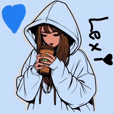 realistic girl in oversized hoodie drinking coffee