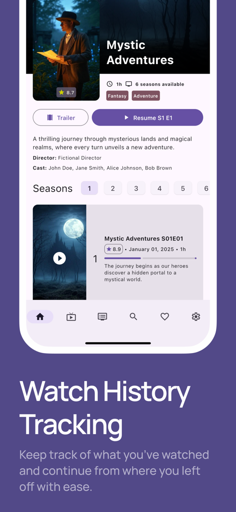 Simple IPTV - Live Player - Interface of Simple IPTV showing watch history tracking and series details for a show
