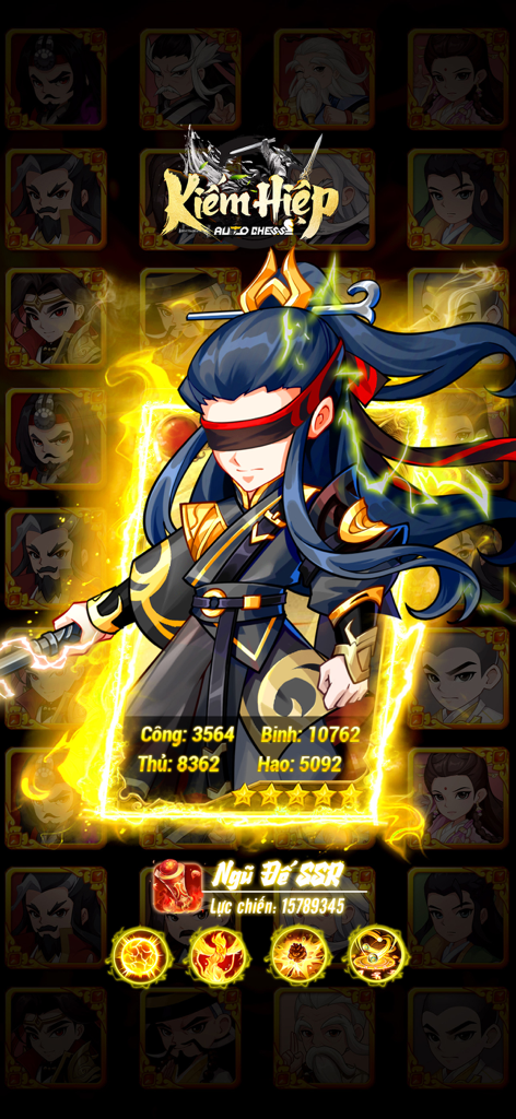 Kiếm Hiệp Auto Chess - An SSR hero with a blindfold and glowing aura displaying combat power in Kiem Hiep Auto Chess