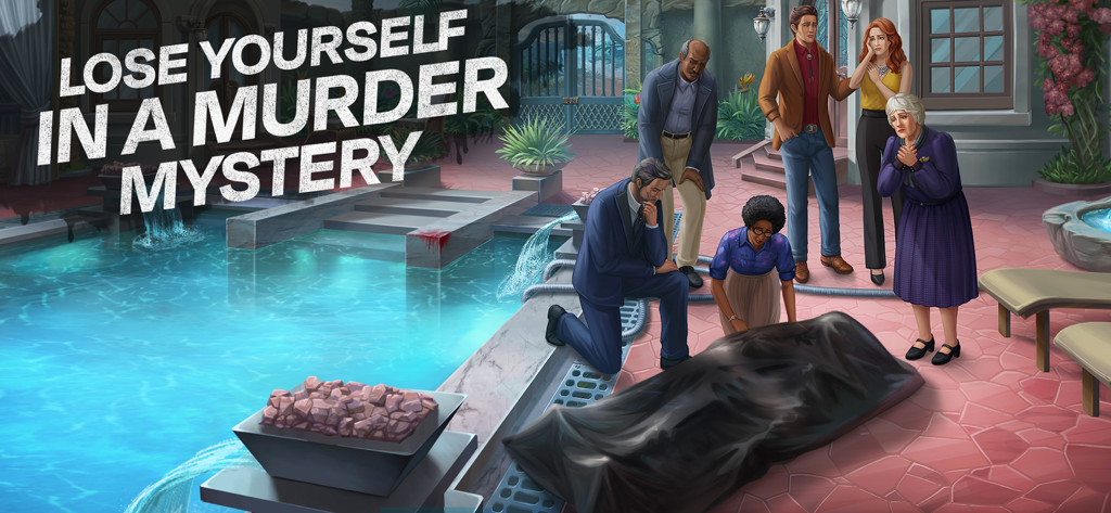 Characters investigating a murder mystery crime scene by a luxury swimming pool