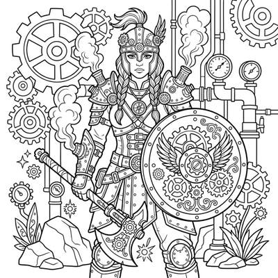 Step into a world where ancient valor meets futuristic innovation with our Steampunk Shieldmaiden coloring page. This intricate design features a powerful warrior adorned with gears, pipes, and steam, ready for your artistic touch.