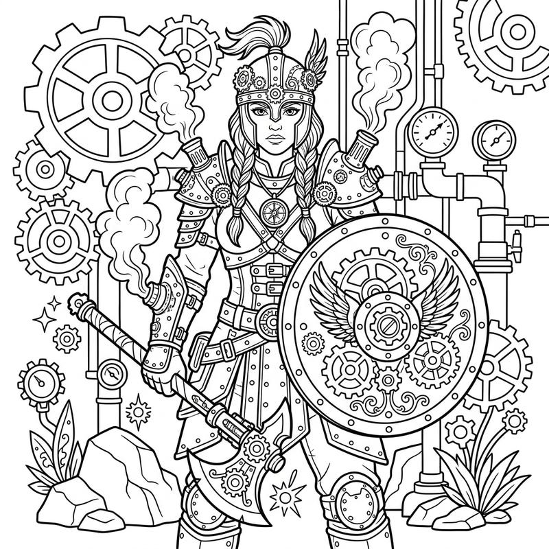 Step into a world where ancient valor meets futuristic innovation with our Steampunk Shieldmaiden coloring page. This intricate design features a powerful warrior adorned with gears, pipes, and steam, ready for your artistic touch.