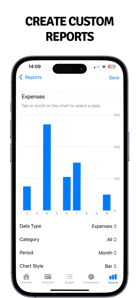 Finka - Finka finance app showing a bar chart of monthly expenses and custom report settings