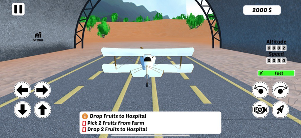 Paper Sim Flying Plane Games - A white paper airplane on a runway in a flight simulation game with on screen controls