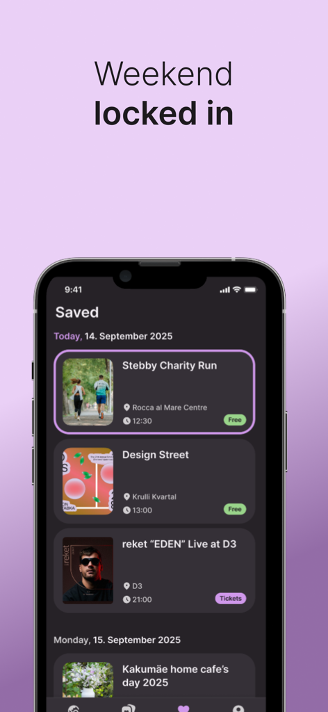 Smartphone screen showing the saved events section of the Ela app with a list of upcoming weekend activities.