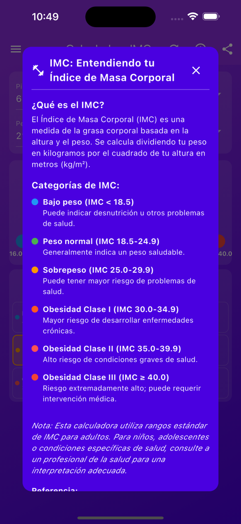 Calculadora IMC+ - Pantalla de información de la app Calculadora IMC que detalla las categorías de peso del IMC y sus implicaciones para la salud en español.
