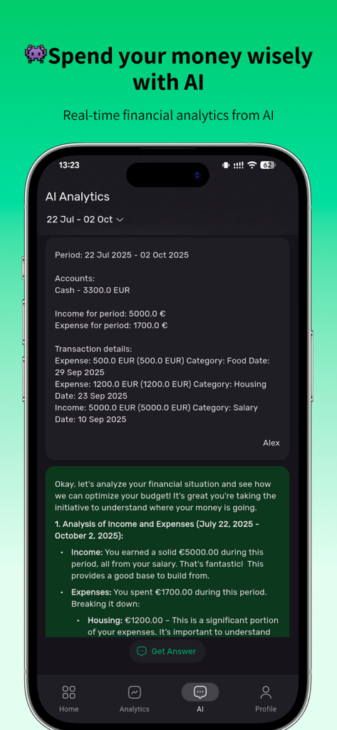 FinFlow: Money Manager - AI financial analytics dashboard in FinFlow app displaying income and expense breakdown
