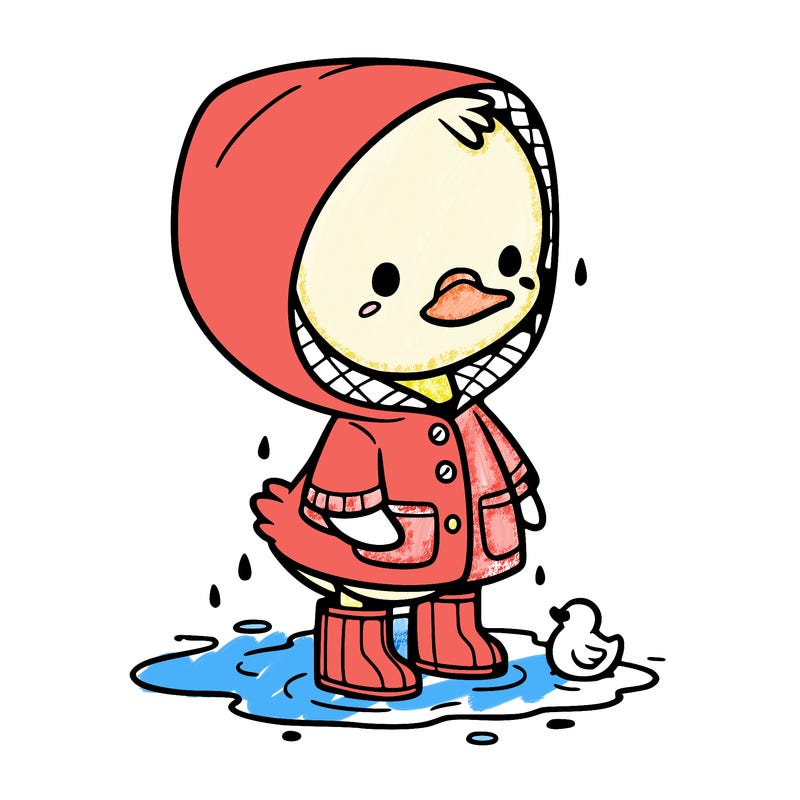 baby duck in a rain coat and boots, in a puddle while it’s raining