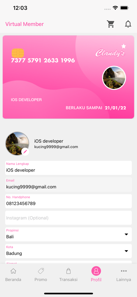 Clandys - Clandys app profile page featuring a pink virtual member card and user account information