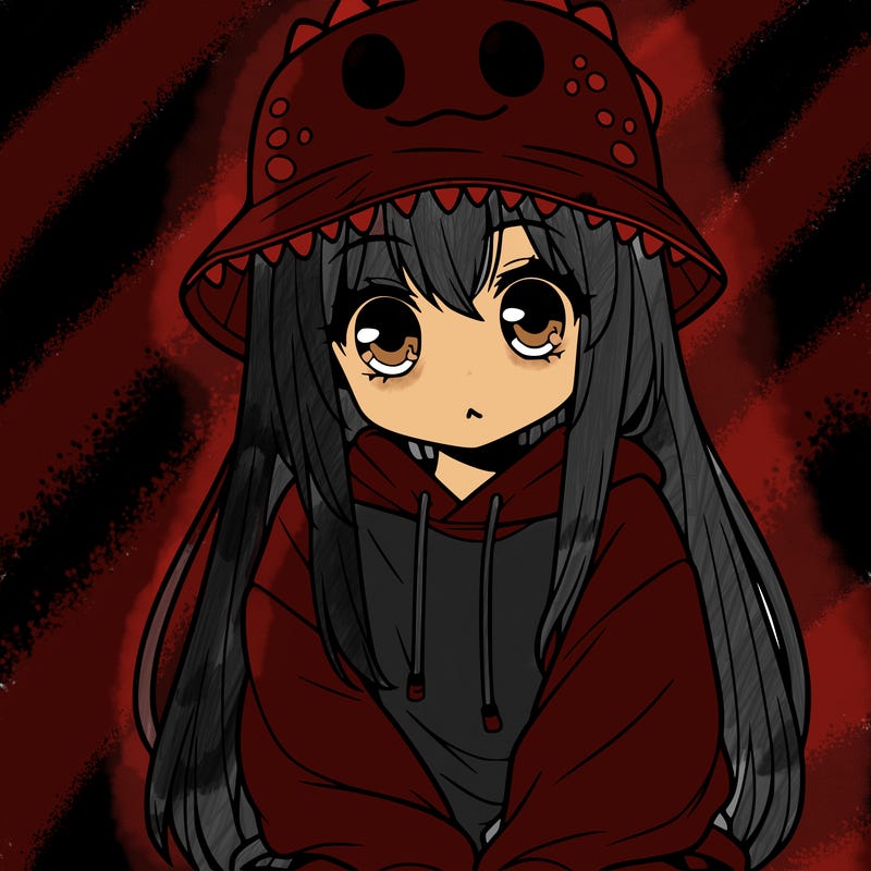 girl with anime shaped eyes with a dinosaur bucket hat oversized sweatshirt long straight hair