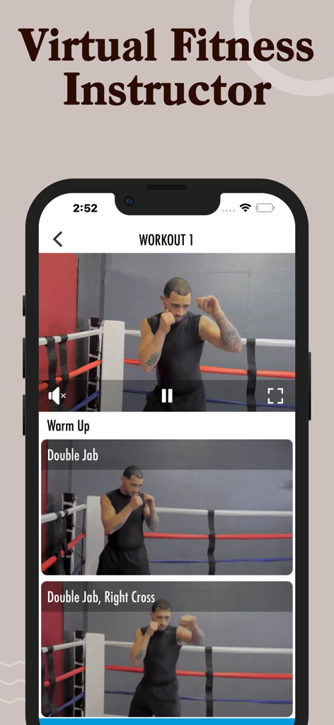 Smartphone displaying a virtual kickboxing instructor teaching punch combinations in a boxing ring