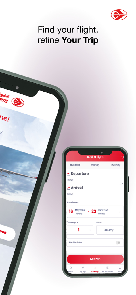 Air Algerie mobile app interface for flight search and booking