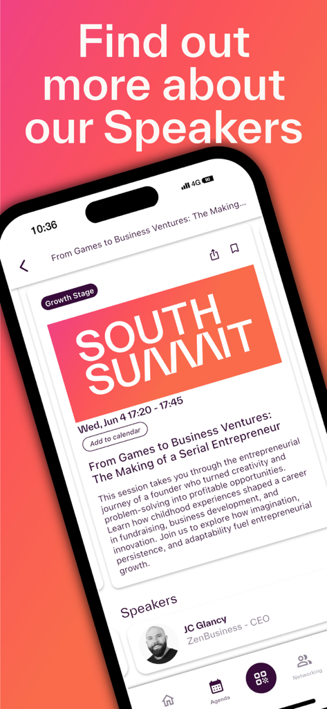 Una captura de pantalla de la app South Summit mostrando información detallada sobre un ponente principal y su sesión de innovación empresarial.