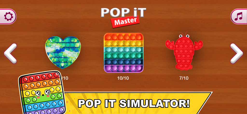 Menu screen of Pop It Master simulator showing various colorful fidget toys like a rainbow square and red lobster