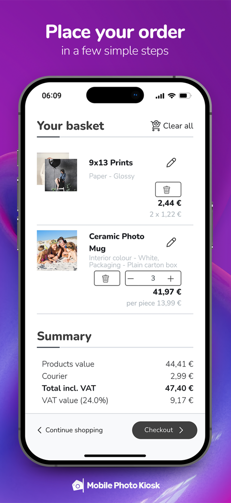 The checkout screen of Mobile Photo Kiosk app showing a shopping basket with prints and a photo mug.