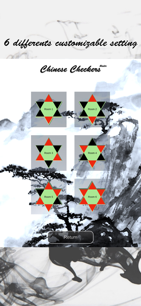 A menu screen showing six different customizable game room settings for Chinese Checkers Master