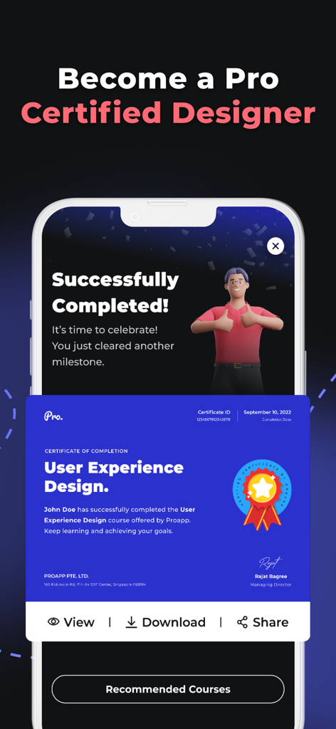 ProApp: Online Design Courses - A mobile screen showing a success notification and a digital certificate for completing a User Experience Design course on ProApp