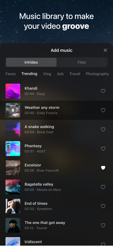 Filmr video editor app interface showing a list of trending music tracks for video background audio