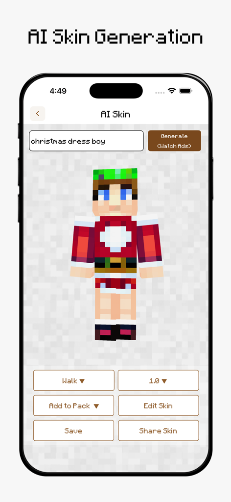 AI Skins for Minecraft - AI Skin Generation interface for Minecraft featuring a festive holiday skin