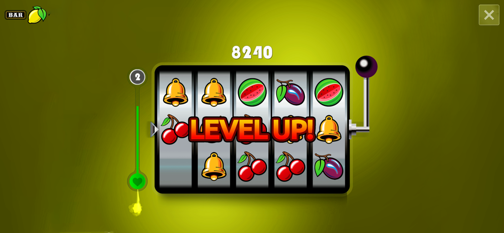 Frutakia 2 (4K) - Frutakia 2 level up screen showing fruit symbols and slot lever