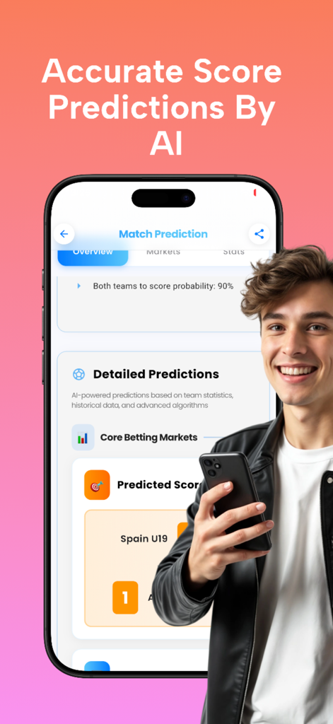 Predictify: Soccer AI - A man holding a smartphone showing accurate soccer score predictions generated by AI
