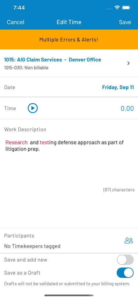 iTimekeep - iTimekeep mobile interface for editing a legal time entry with client matter details and work description