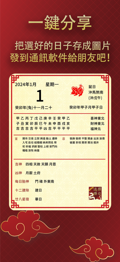 擇日通勝萬年曆 - 黃道吉日專家 - Mobile app screen showing a shareable Chinese almanac card with auspicious and inauspicious activities for January 1 2024.
