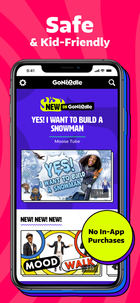 GoNoodle mobile app interface with safe kids videos and no in-app purchases badge