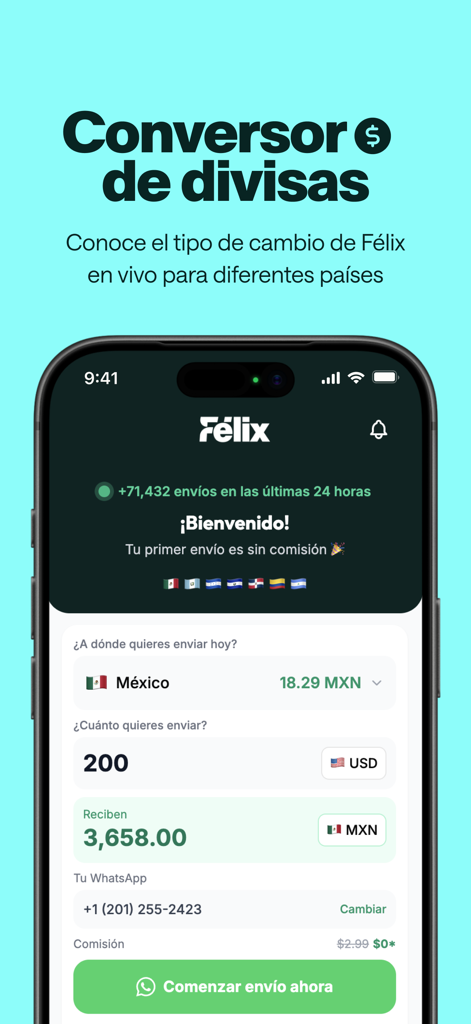Félix Pago - Envíos de dinero - Interfaz de la aplicación móvil Félix Pago mostrando la conversión de divisas de dólares estadounidenses a pesos mexicanos con integración de WhatsApp.