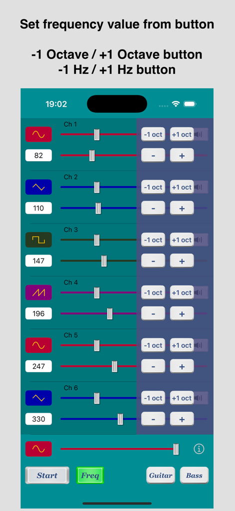 Multiple Tone Generator - Frequency control interface of the Multiple Tone Generator app showing octave and Hz adjustment buttons for multiple audio channels.