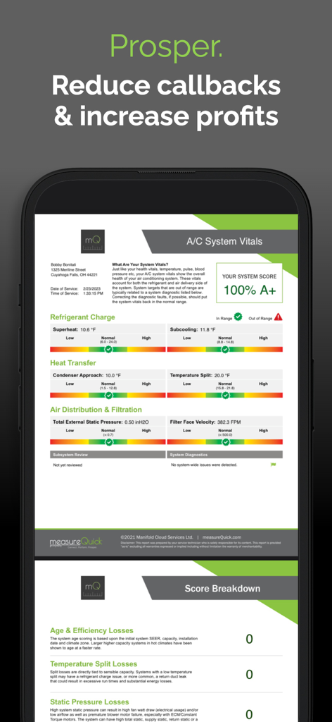 measureQuick HVAC - A detailed HVAC system vitals report in the measureQuick app showing system performance scores and diagnostic data