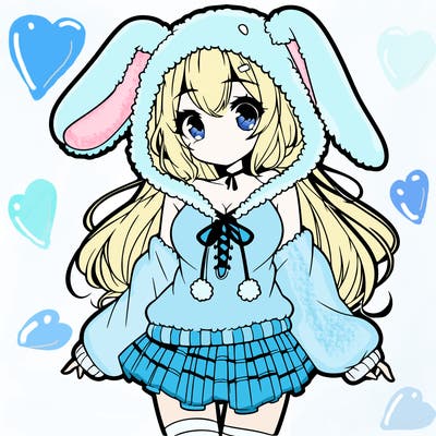 pretty anime girl wearing a fluffy hoodie with bunny ears on the hood and a skirt