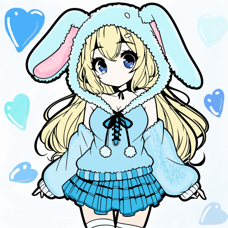 pretty anime girl wearing a fluffy hoodie with bunny ears on the hood and a skirt