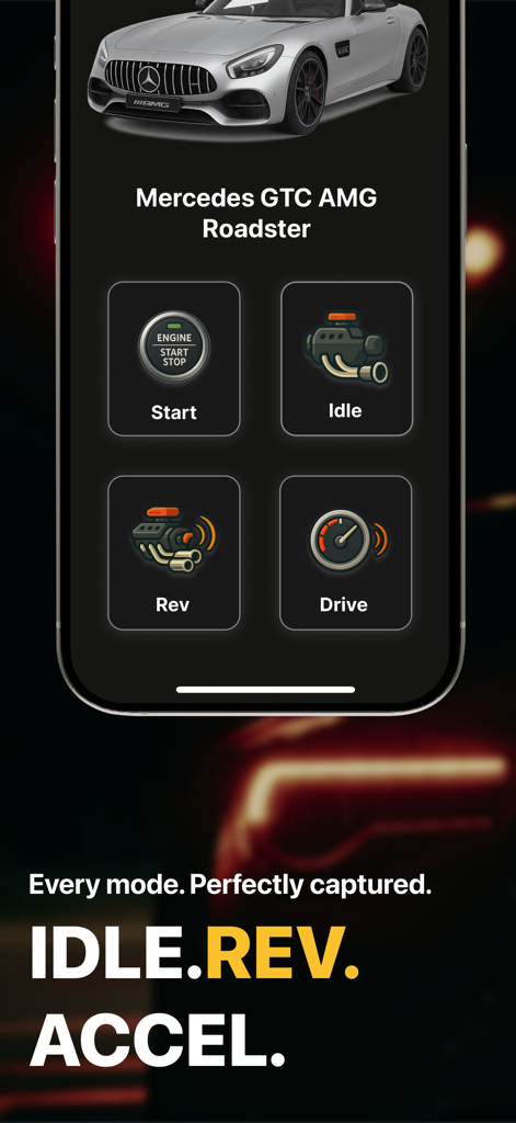 Car Sounds Simulator - RevIt - RevIt app interface featuring Mercedes GTC AMG Roadster with engine sound controls for start, idle, rev, and drive