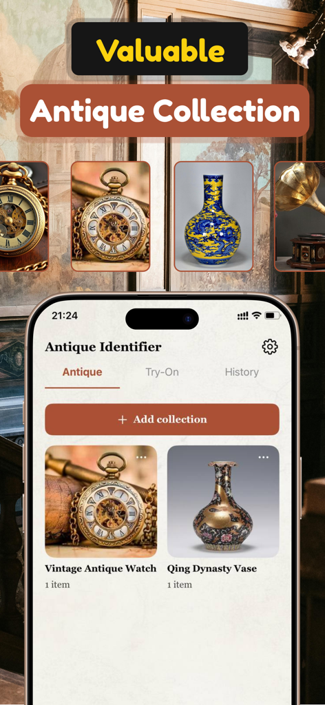 Antique Identifier Value by AI - Antique Identifier app interface showing a digital gallery of saved antiques including a vintage watch and a vase