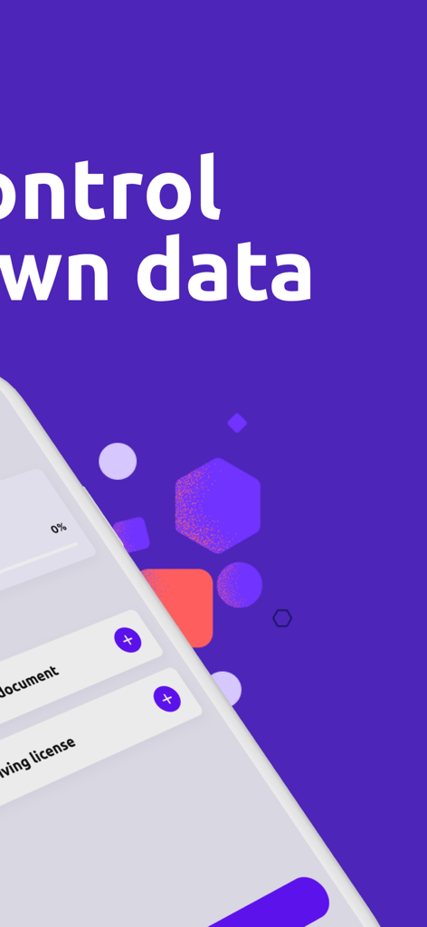 Datakeeper - Datakeeperモバイルアプリの画面に、個人文書や運転免許証を安全に追加してローカルデータストレージするためのオプションが表示されている