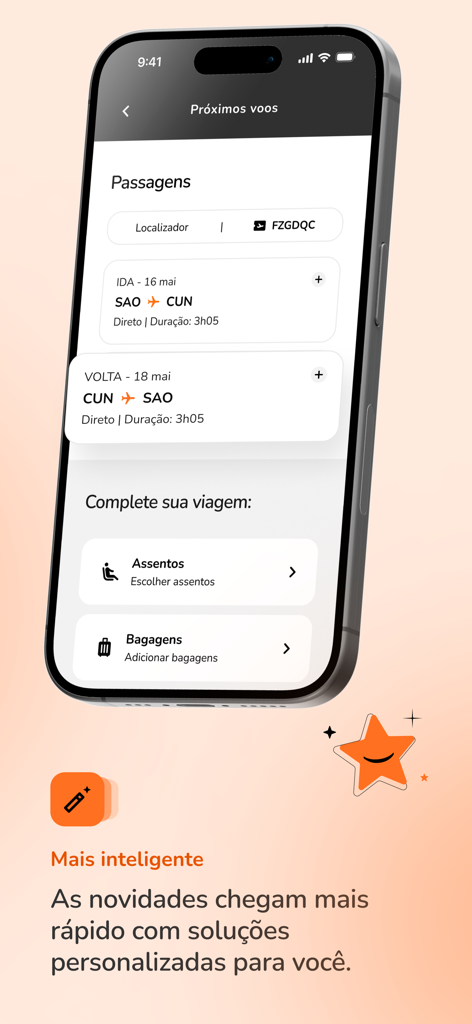 Interface of the Smiles app displaying a flight itinerary from Sao Paulo to Cancun with options for seat selection and baggage management.