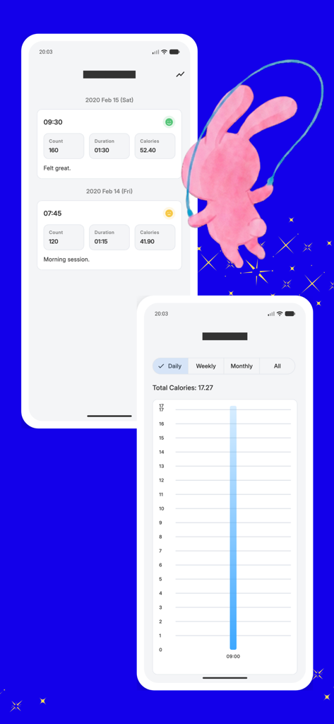 Jump Rope Fitness:Jump Counter - Jump Rope Fitness app screenshots showing detailed workout history logs and a daily calorie tracking bar chart.