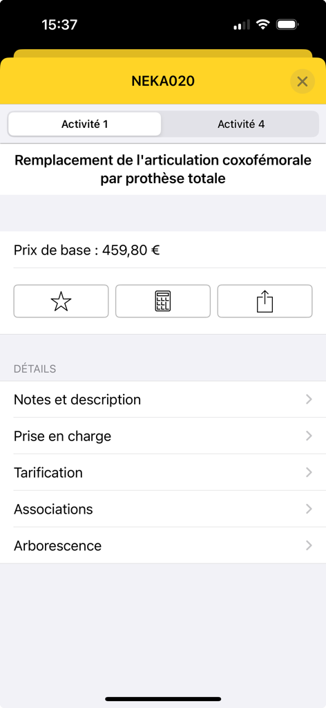 The iCCAM app displaying details for medical code NEKA020 regarding total hip replacement.