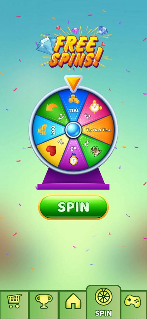 トリプルマッチ3Dトイブラストゲームのカラフルなフリースピン報酬ホイール。様々な賞品が表示されています。